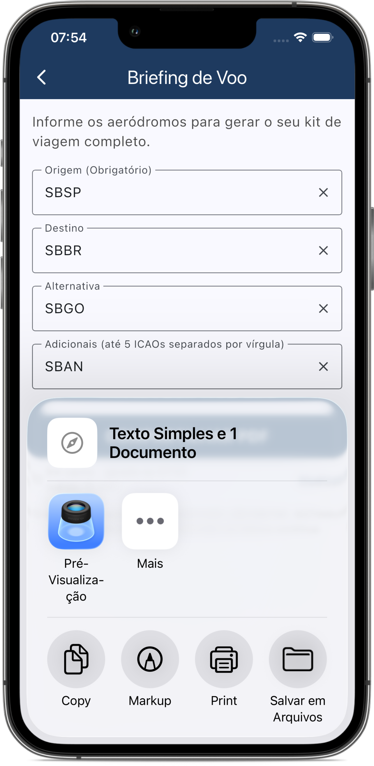 Interface do app AIS BR mostrando a compilação completa do briefing de voo com rota e aeródromos