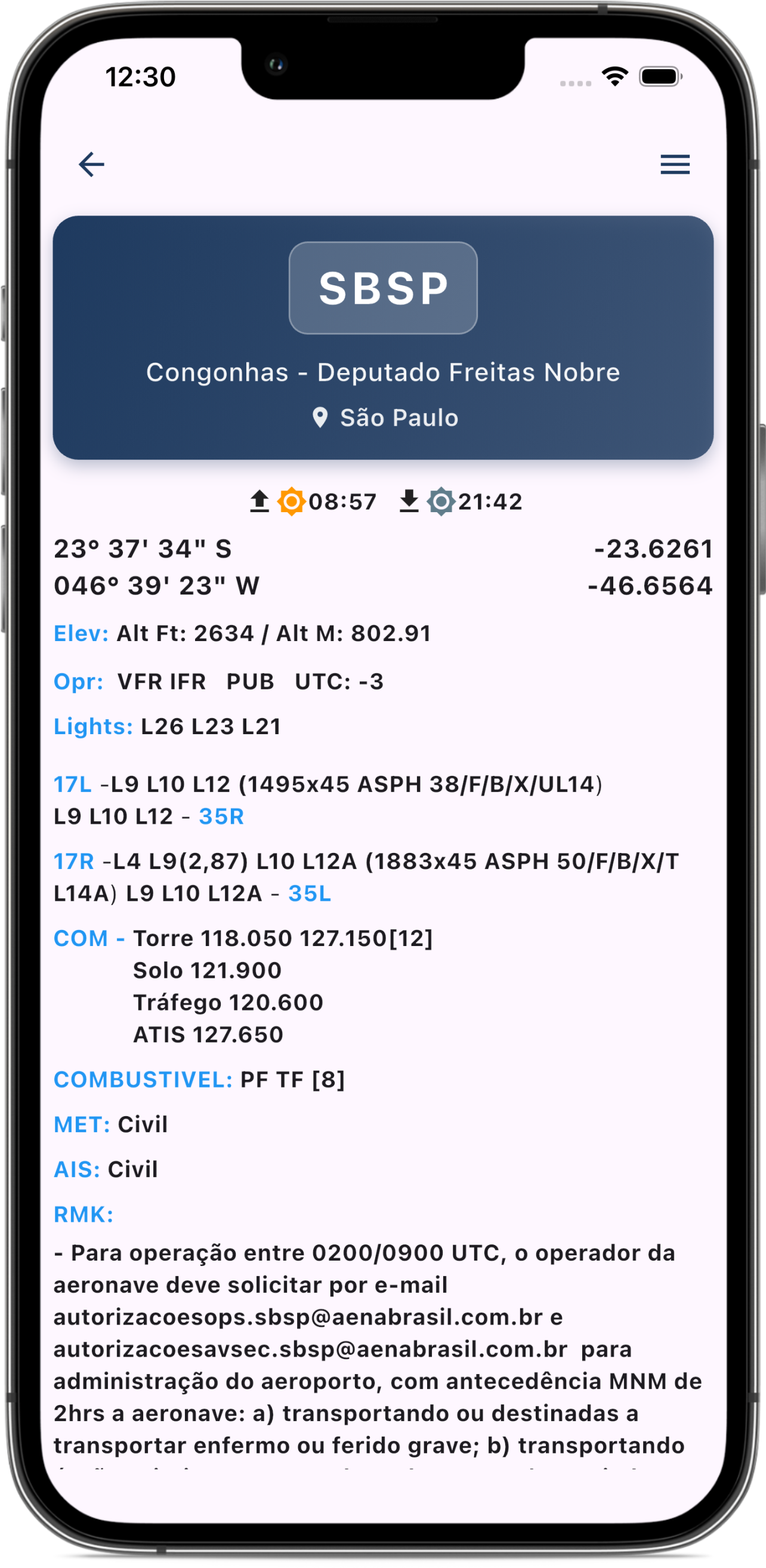 Interface do app AIS BR mostrando a tela de pesquisa de aeródromos e dados ROTAER