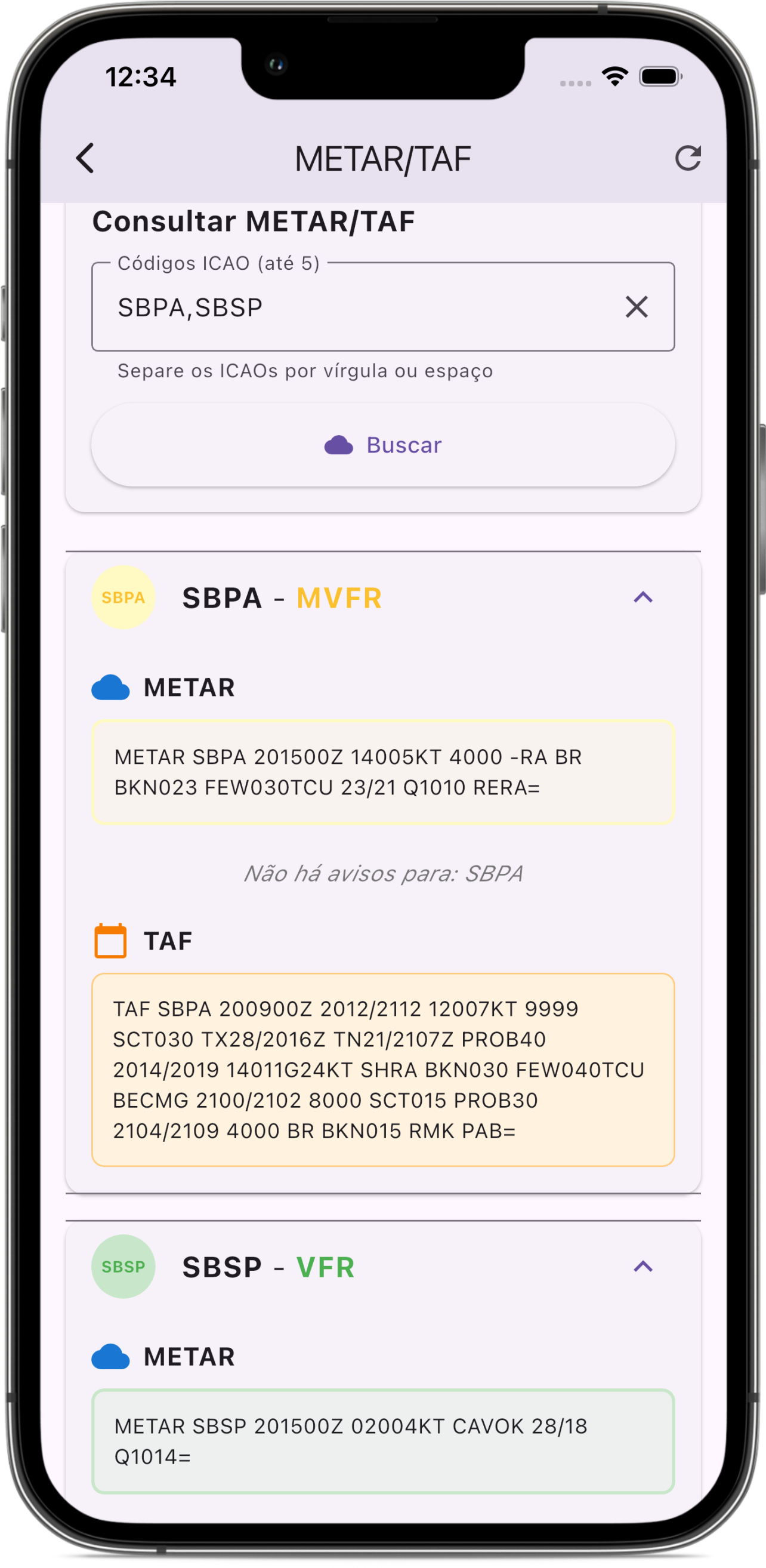 Interface do app AIS BR detalhando condições meteorológicas METAR e TAF para aviação