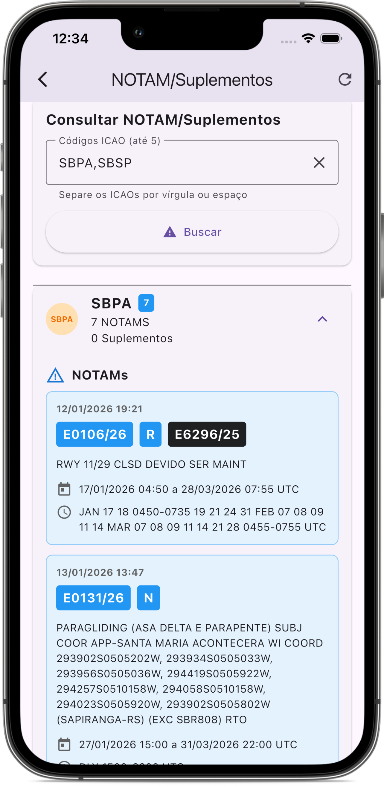 Interface do app AIS BR listando avisos aeronáuticos NOTAM ativos para aeródromos