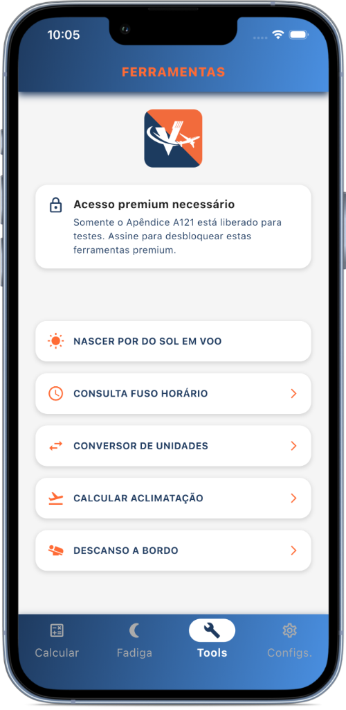 Interface do app Journey Comply mostrando o menu de ferramentas adicionais e configurações de tripulante