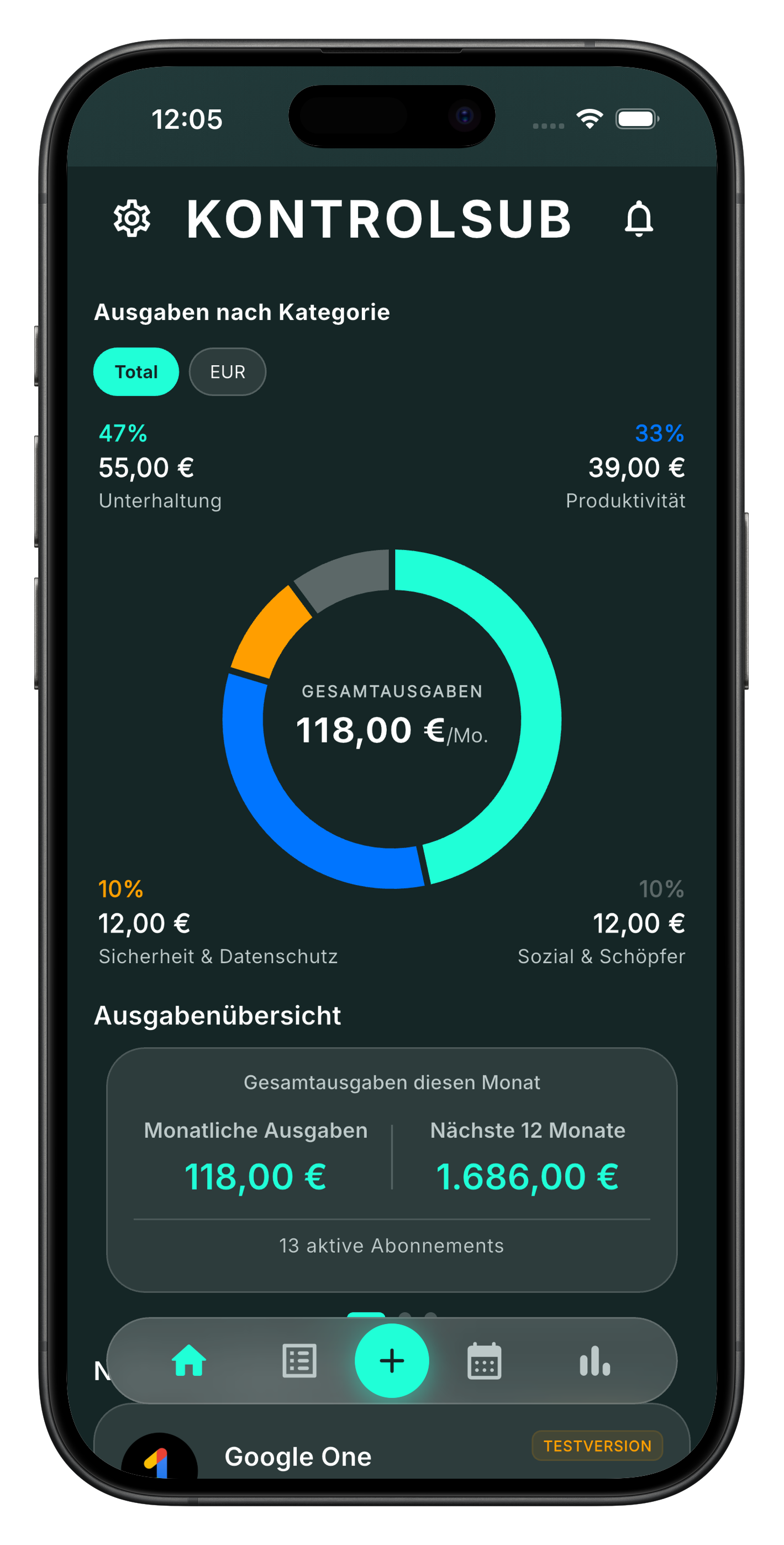 KontrolSub App-Oberfläche mit dem Haupt-Dashboard mit aktiven Abonnements und Ausgabenübersicht