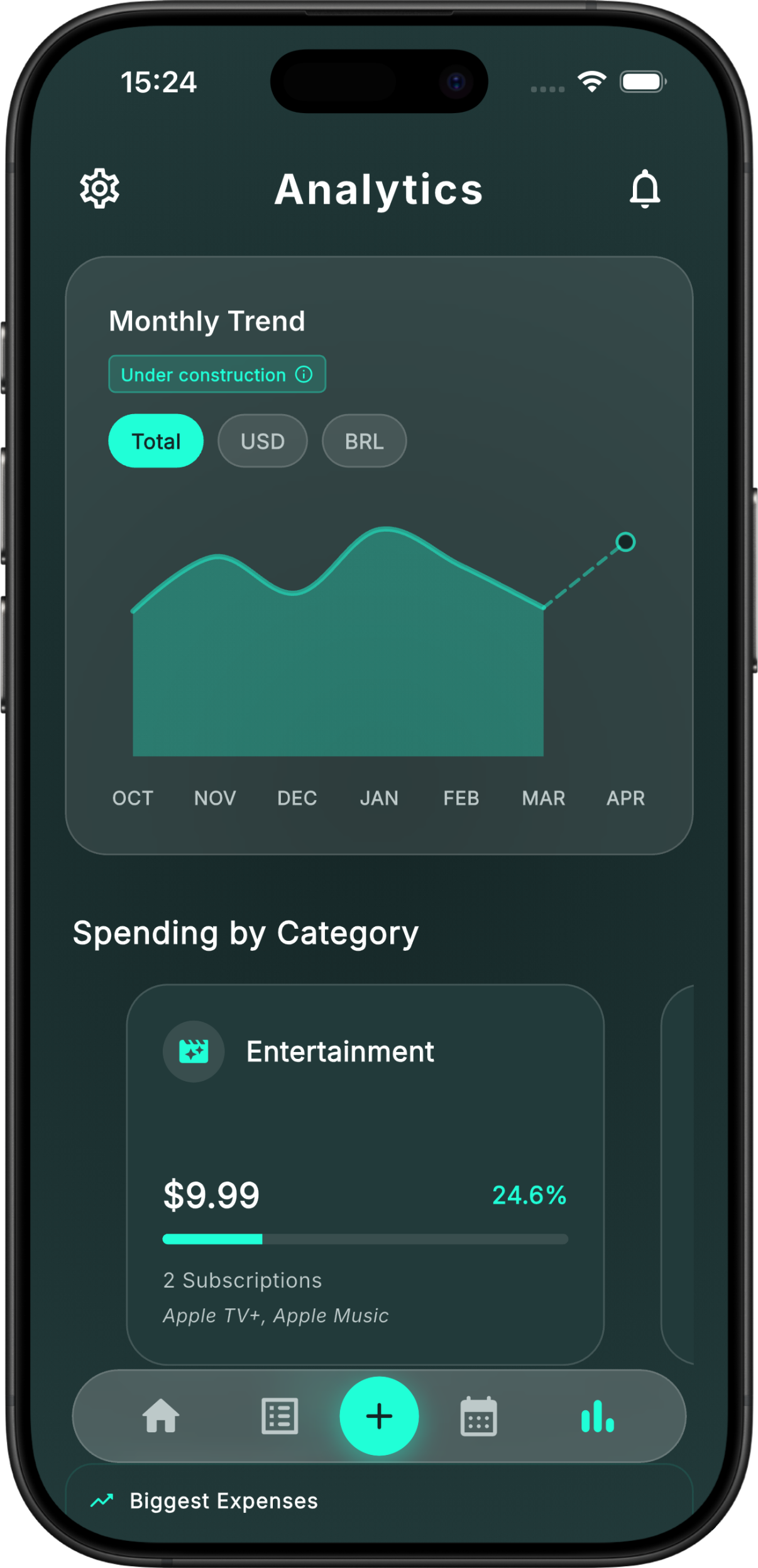 KontrolSub app interface detailing analytical charts and spending distribution by category