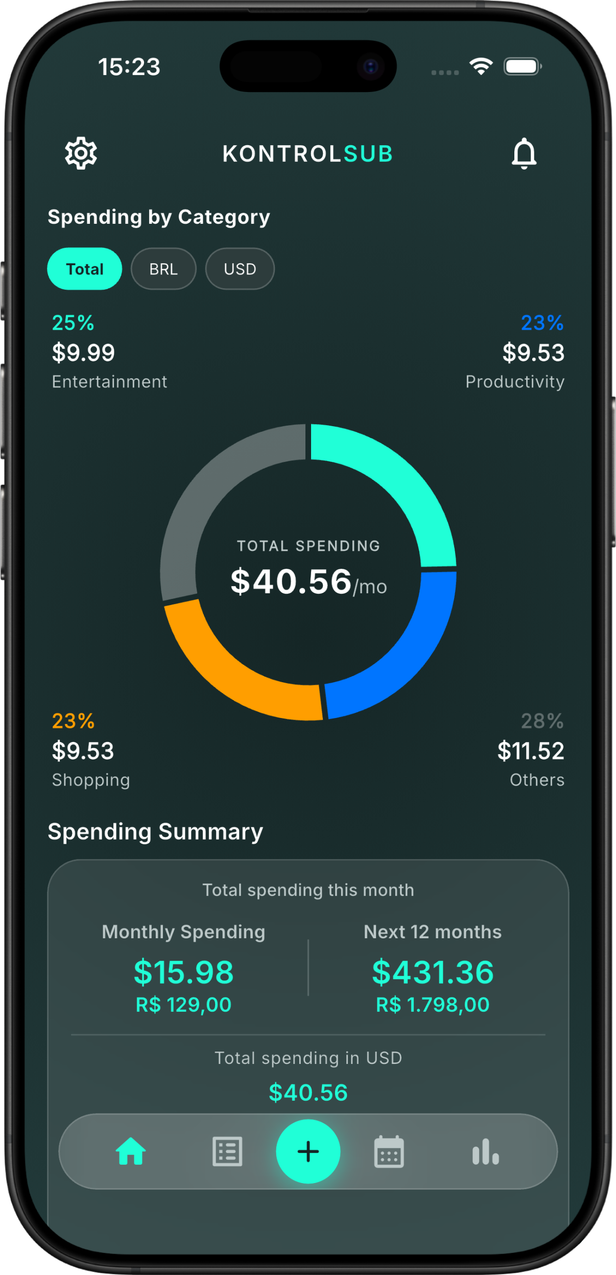 KontrolSub app interface displaying the main dashboard with active subscriptions and expenses summary