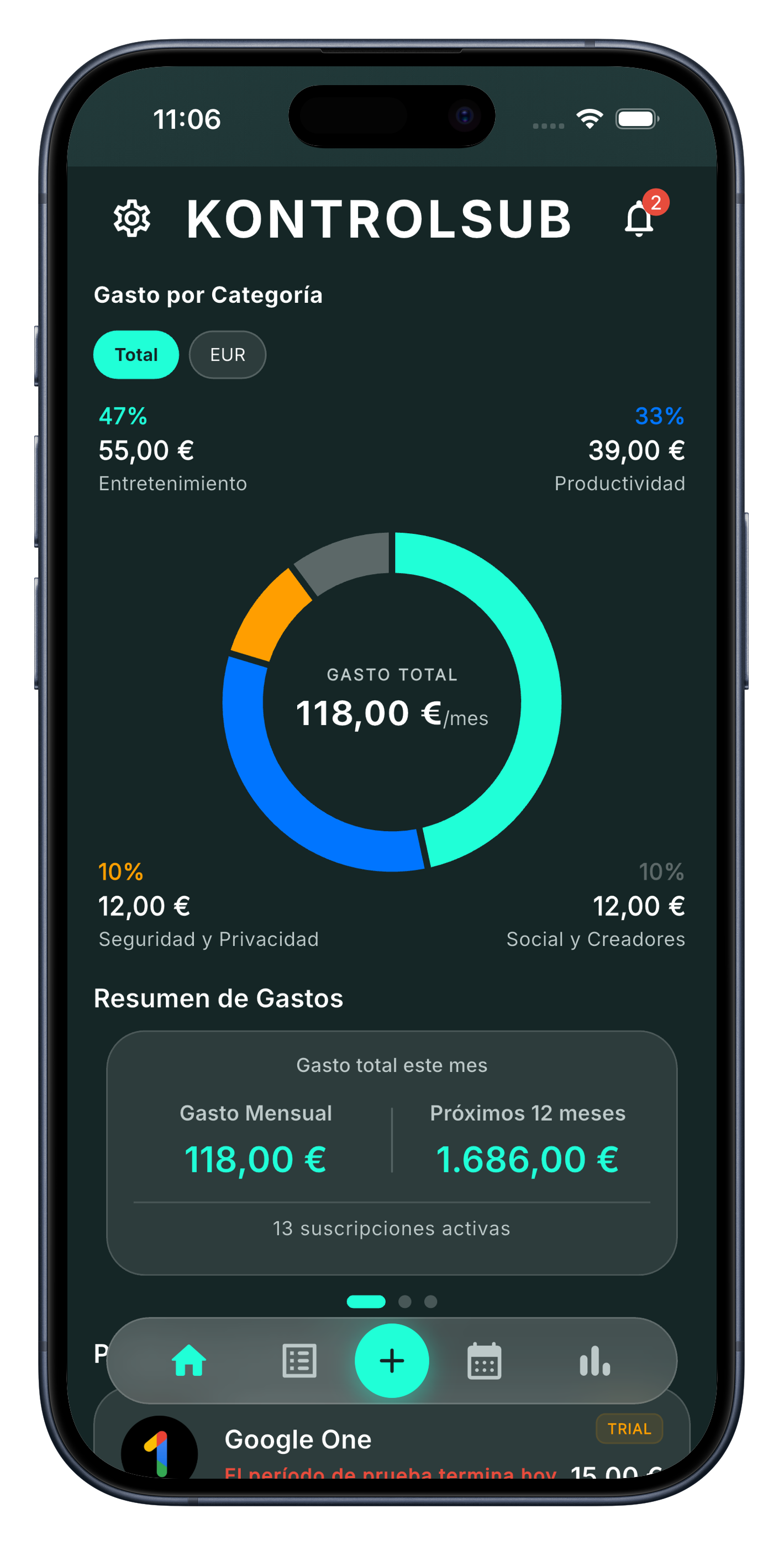 Interfaz de la aplicación KontrolSub que muestra el panel principal con un resumen de suscripciones activas y gastos