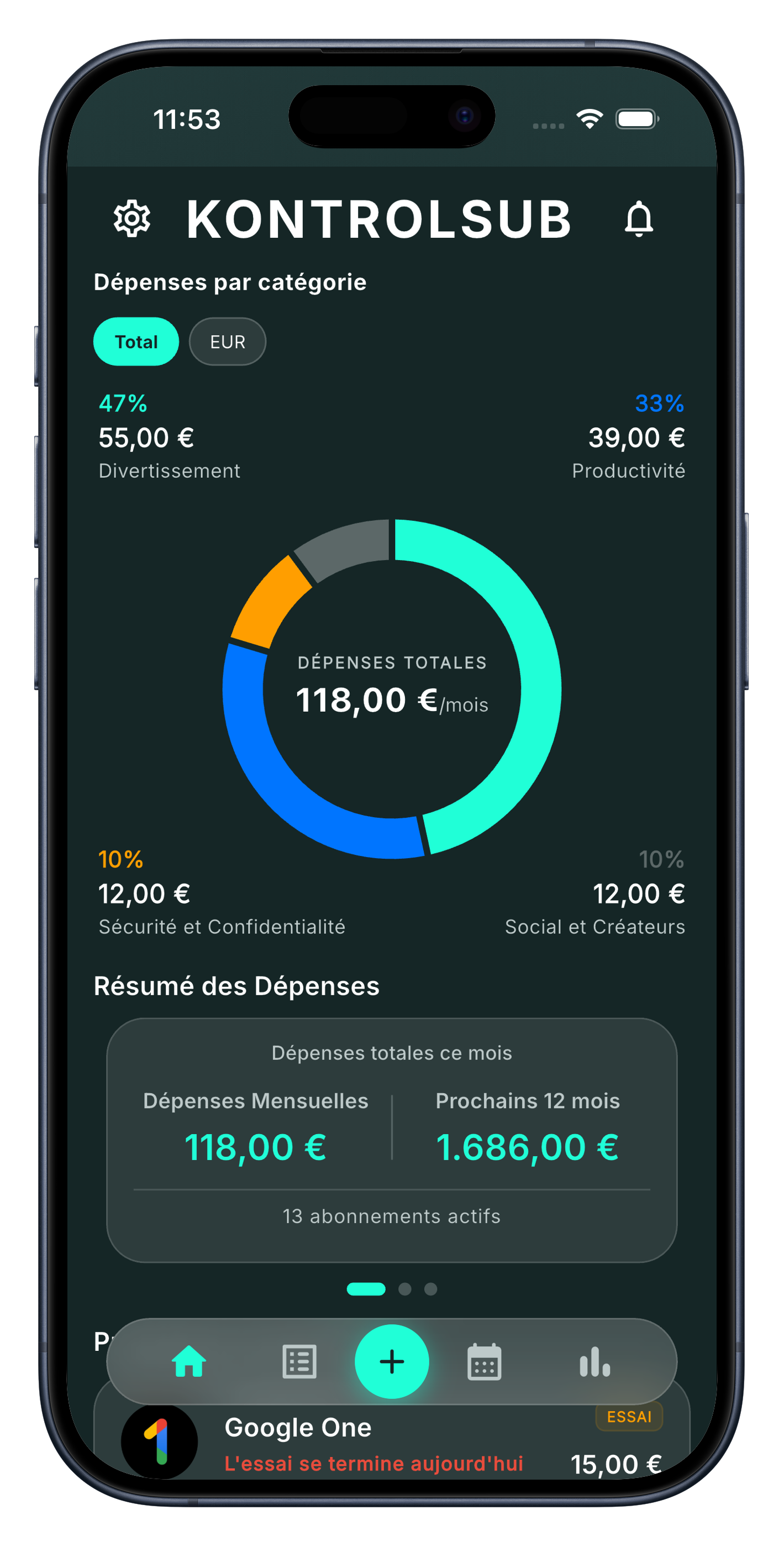Interface de l'application KontrolSub affichant le tableau de bord principal com un résumé des abonnements actifs et des dépenses