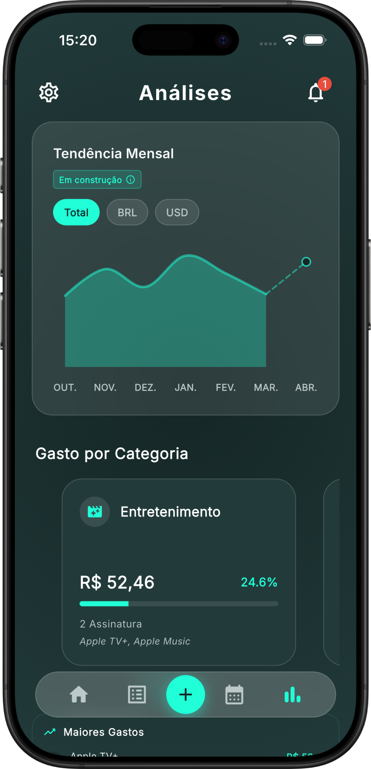 Interface do app KontrolSub detalhando gráficos analíticos e distribuição de gastos por categoria