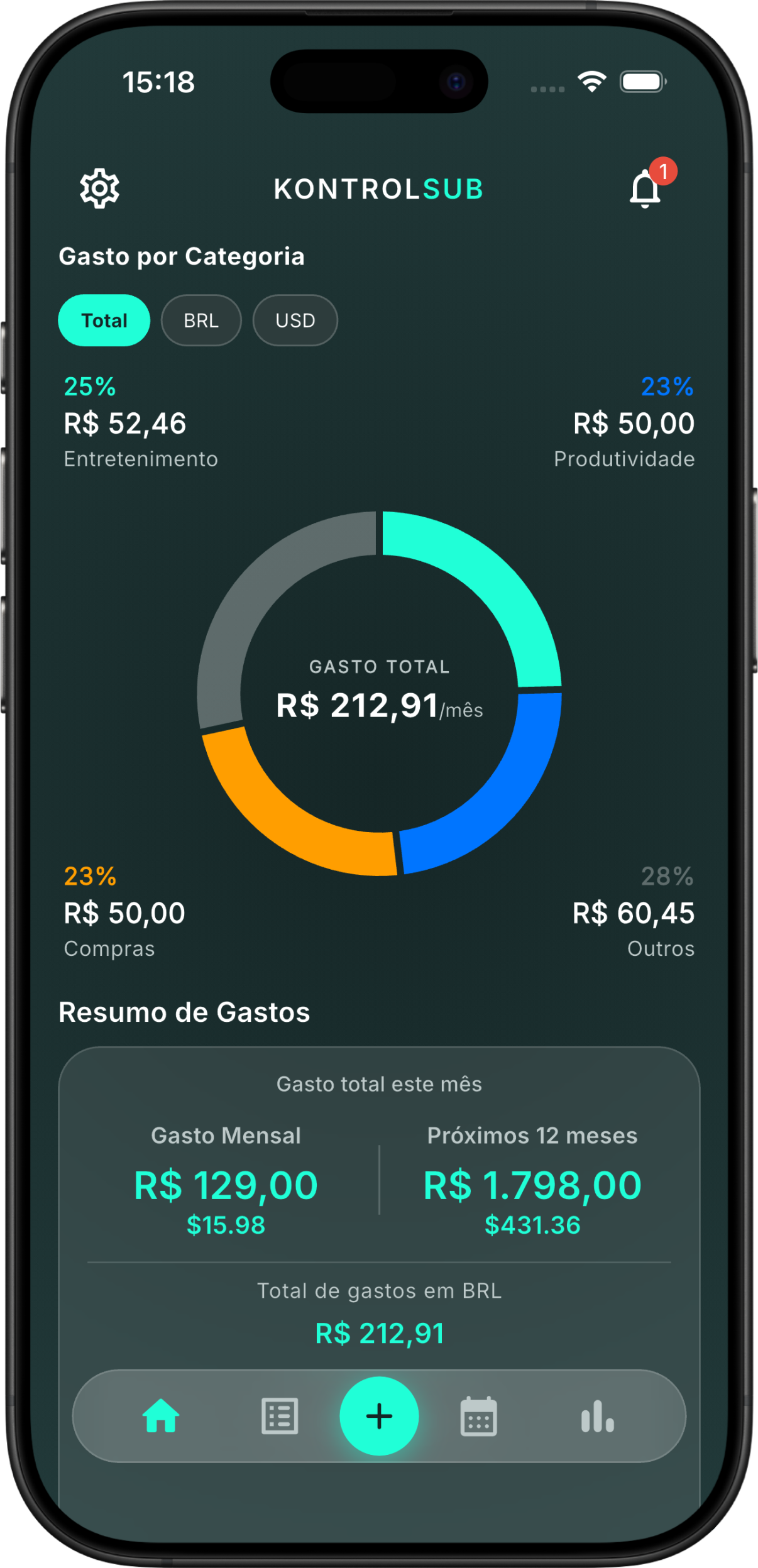 Interface do app KontrolSub exibindo o dashboard de controle de assinaturas e gastos mensais