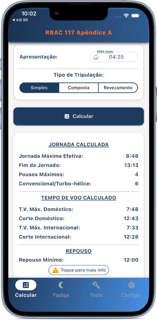 Interface do app Journey Comply demonstrando funcionalidades de cálculo de jornada em miniatura